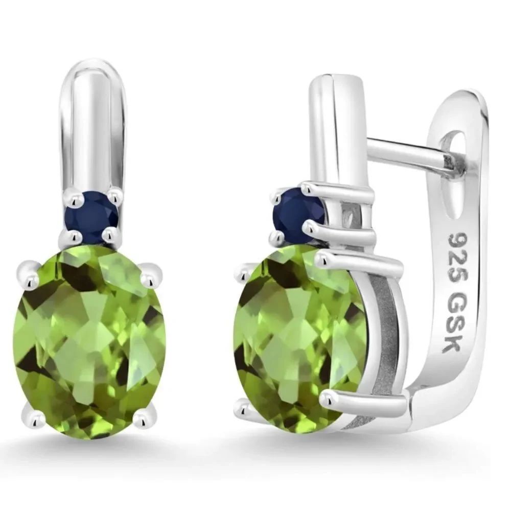 925 Sterling Silver with 2.86 Cttw Peridot and Navy Blue Sapphire Oval Earrings